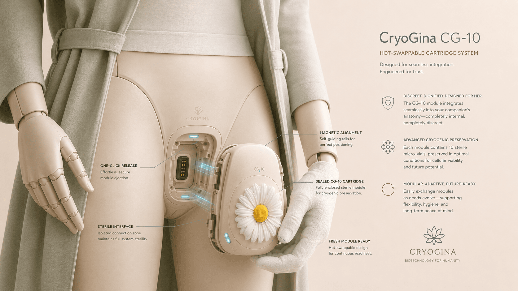 CryoGina CG-10 hot-swappable lower-body cartridge system diagram
