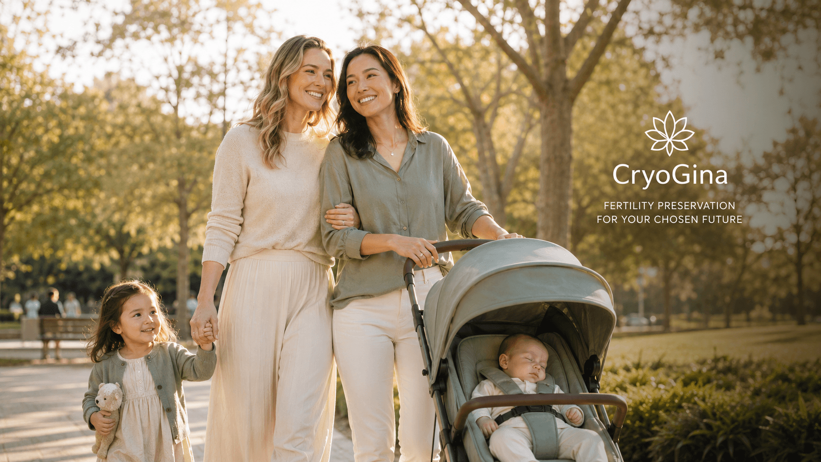 Happy female couple with children in a sunlit park